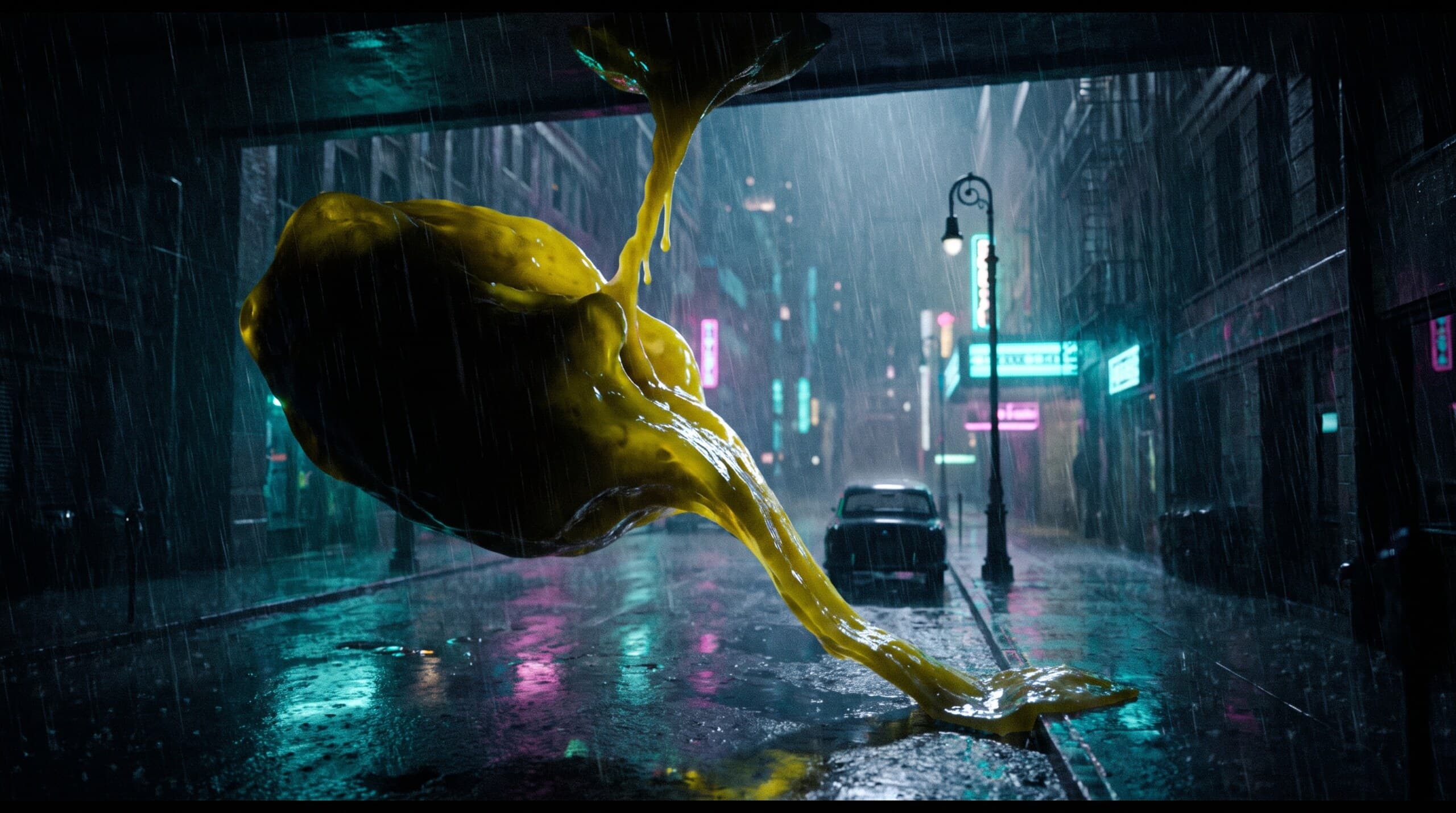Ein formloser gelber Schleimklumpen fällt bei Regen durch eine Neon-Gasse