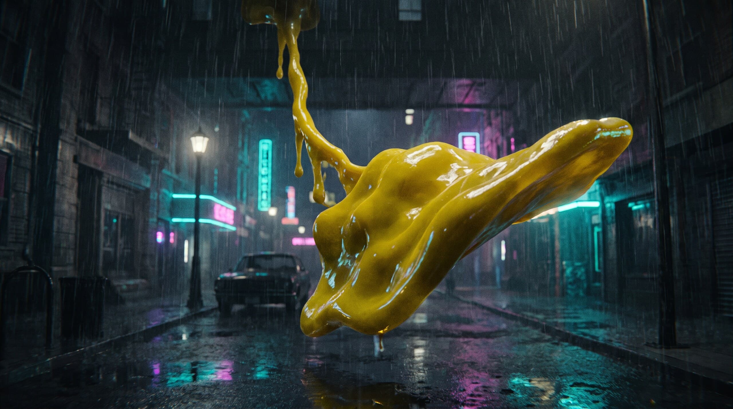 Ein formloser gelber Schleimklumpen schwebt bei Regen quer durch eine Neon-Gasse