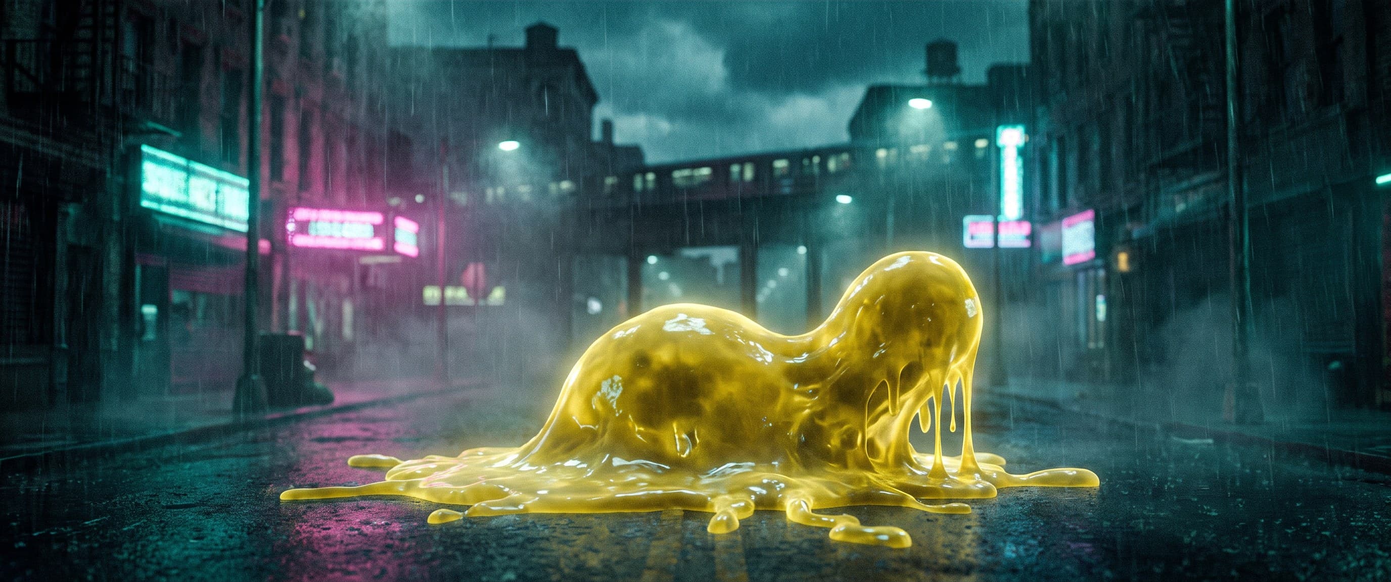 Ein formloser gelber Schleimklumpen mit tropfenden Tentakeln in einer regennassen Neon-Gasse