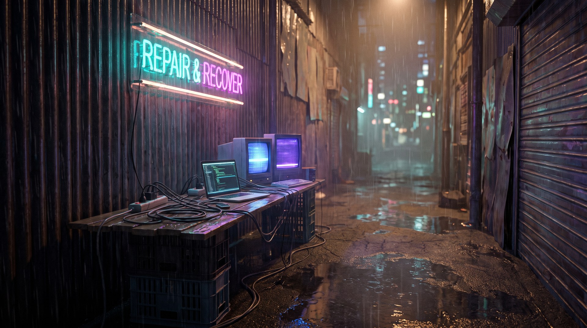 Regennasse Gasse mit improvisiertem Arbeitsplatz auf Kisten, Neonschild "Repair & Recover"